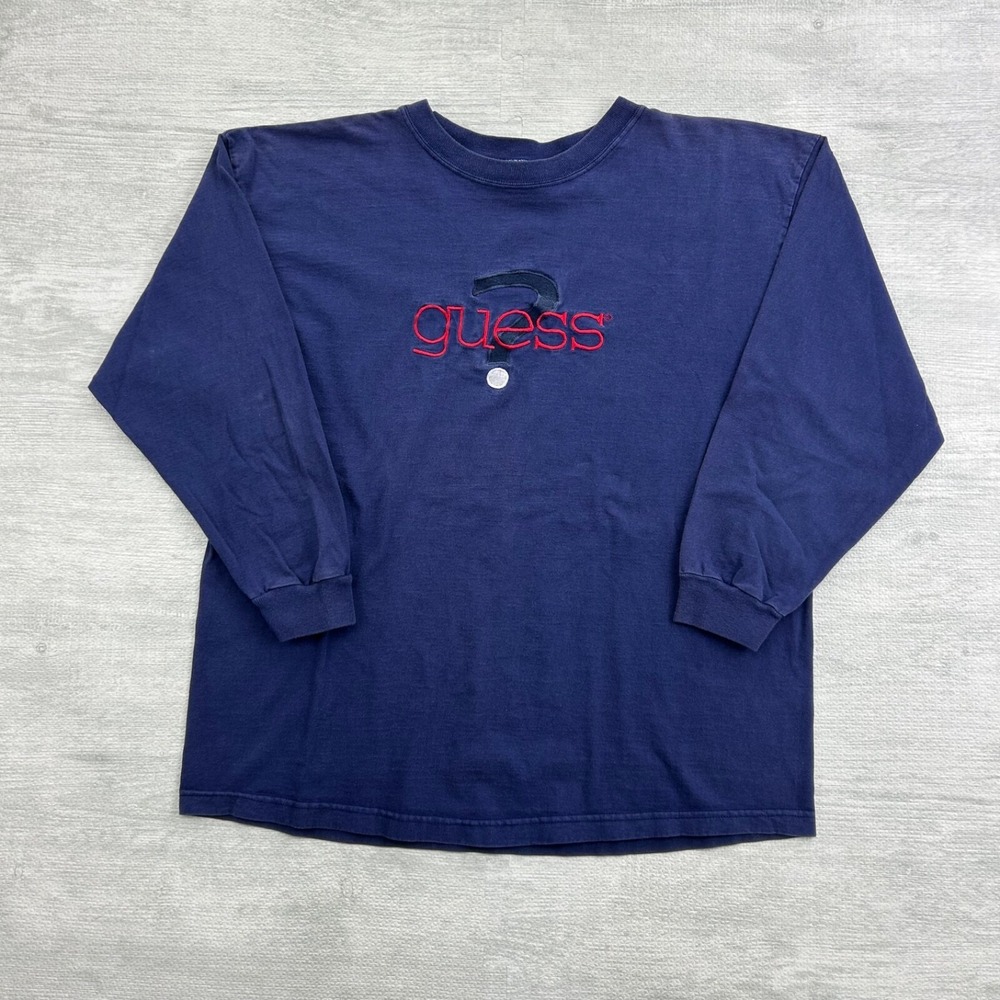 Vintage 90s Guess Long‎ Sleeve Shirt Size Large Navy Blue Embroidered Logo